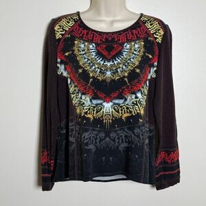 Aventures des Toiles Graphic Print Long Sleeve Top Black Red Gothic Tribal Sz 36